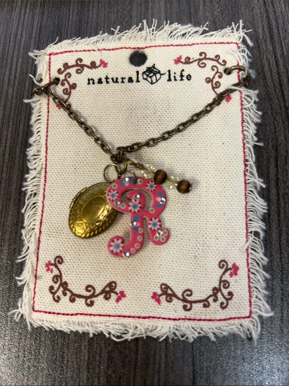 NATURAL LIFE Pink Floral Initial R Charm Necklace with Gold Oval Charm